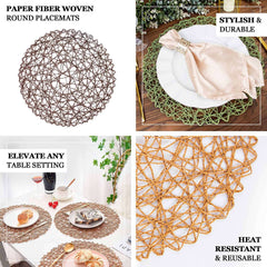 6-Pack Table Placemats Woven Fiber Design White Round - Disposable Mats for Dining and Events 15"