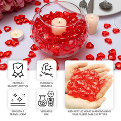 250 Pcs Acrylic Heart Diamond Gems Red Vase Fillers - Romantic Translucent Table Scatters for Valentine's Day & Events