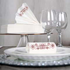 20 Pack White Linen-Feel Dinner Paper Napkins with Rose Gold Floral Print, Premium Cloth-Like Airlaid Disposable Napkins, Soft and Absorbent Guest Towels