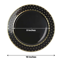 10-Pack Plastic 10" Round Dinner Plates in Black with Gold 3D Polka Dotted Rim - Sturdy Disposable Party Plates for Modern Themed Events & Banquets