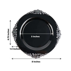 10-Pack Plastic 8" Round Dessert Plates in Black with Silver Leaf Embossed Rim - Disposable Vintage Baroque Style Salad Plates