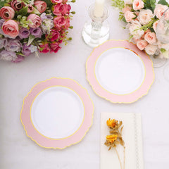 10-Pack Plastic 8" Round Dessert Plates in White with Blush Blossom Design & Gold Edging - Disposable Salad Appetizer Plates