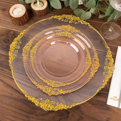 10-Pack Plastic 8" Round Dessert Plates in Transparent Blush with Gold Leaf Embossed Rim - Disposable Vintage Baroque Style Salad Plates