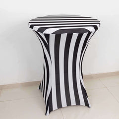 Spandex 30" Fitted Round Cocktail Table Cover Black/White Striped - Easy to Maintain Stretch Tablecloth