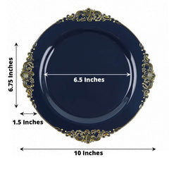 10-Pack Plastic 10" Round Dinner Plates in Navy Blue with Gold Leaf Embossed Rim - Disposable Vintage Baroque Style Plates