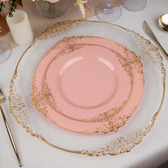 10-Pack Plastic 8" Round Dessert Plates in Dusty Rose with Gold Leaf Embossed Rim - Disposable Vintage Baroque Style Salad Plates