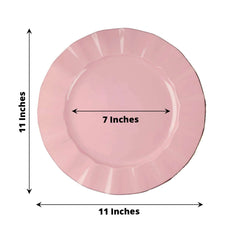 10-Pack Plastic 11" Round Dinner Plates in Dusty Rose Ruffled Rim with Gold Edging - Sturdy Disposable Dinnerware