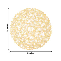 6-Pack Table Placemats Woven Fiber Design Beige Round - Disposable Mats for Dining and Events 15"