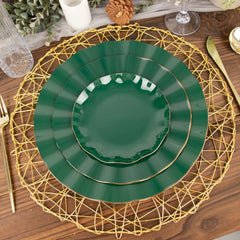 10-Pack Plastic 11" Round Dinner Plates in Hunter Emerald Green Ruffled Rim with Gold Edging - Sturdy Disposable Dinnerware