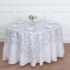 Tulle 72"x72" Table Overlay Square Tablecloth Silver - Sequin Leaf Embroidered Table Topper