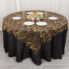 Mesh 72"x72" Table Overlay Square Tablecloth Black Gold - Wave Embroidered Sequins Table Topper