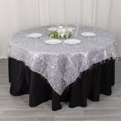 Polyester 72"x72" Table Overlay Square Tablecloth Silver - Metallic Fringe Shag Tinsel Table Cover