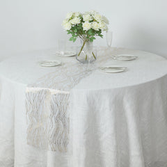 5 Pack Organza 12"x108" Table Runners White with Gold Foil Wave Design - Disposable Stylish Event Decoration