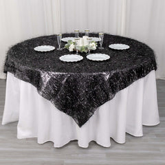 Polyester 72"x72" Table Overlay Square Tablecloth Black - Metallic Fringe Shag Tinsel Table Cover