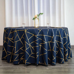 Polyester 120" Round Tablecloth Navy Blue with Gold Foil Geometric Pattern Wrinkle-Resistant Seamless Table Cover