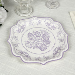 25-Pack Paper Dessert Plates in White with Lavender Lilac Damask Floral Print & Scallop Rim - Stylish Disposable 300GSM Floral Salad Appetizer Plates 8"