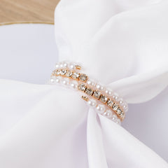 4-Pack White Pearl Rhinestone Napkin Holders, Elegant Round Napkin Rings - 2"