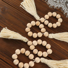 4 Pack 6" Cream Rustic Boho Chic Wood Bead Napkin Rings With Tassels, Farmhouse Country Napkin Holders