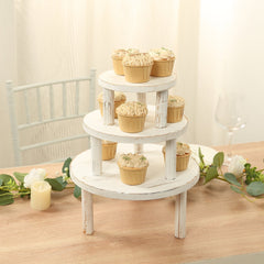 Set of 3 Wooden Pedestal Cake Stands Whitewash with Removable Legs - Stackable Round Rustic Plant Risers 7", 9.5", 12"