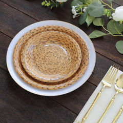 25-Pack Paper 7" Round Dessert Plates in Natural with Woven Rattan Print - Rustic Farmhouse Disposable 300GSM Appetizer Salad Plates for Indoor & Outdoor Gatherings
