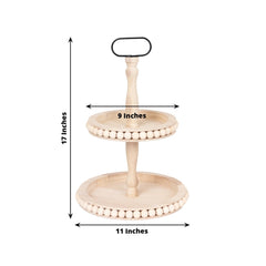 2-Tier Wooden Serving Tray Stand Beaded Design with Metal Handle Natural - Round Rustic Farmhouse Cupcake Display 17"