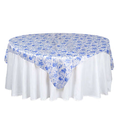 Satin 72"x72" Table Overlay Square Tablecloth White Blue - French Toile Floral Design for Stylish Celebrations