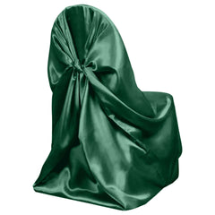 Satin Chair Cover Self-Tie Universal Design Hunter Emerald Green - Durable Slip-On Cover for Folding, Dining, Banquet & Standard Chairs