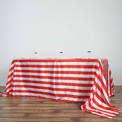 Satin 90"x132" Rectangle Tablecloth Red/White - Stripe Design with Seamless Silky Smooth Finish Table Cover