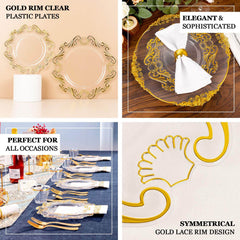 10-Pack Plastic 8" Round Dessert Plates in Clear with Gold Vintage Baroque Scalloped Rim - European Style Disposable Salad Appetizer Plates