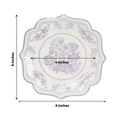 25-Pack Paper Dessert Plates in White with Lavender Lilac Damask Floral Print & Scallop Rim - Stylish Disposable 300GSM Floral Salad Appetizer Plates 8"