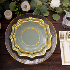 25-Pack Paper Dinner Plates in Sage Green with Gold Scallop Rim - Disposable 300GSM Party Plates 10"