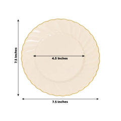 10-Pack Plastic 7.5" Round Salad Dessert Plates in Ivory with Gold Flair Rim - Disposable Party Plates