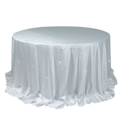 Scuba Round Tablecloth 132″ White with Rhinestone Accents – Seamless, Wrinkle-Free, Stain-Resistant Event Linen