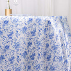 Satin Round 120" Tablecloth White/Blue French Toile Design - Seamless Stylish & Wrinkle-Resistant Table Cover