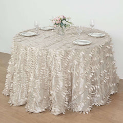 Taffeta 120" Round Tablecloth Beige | 3D Leaf Petal Design Seamless Table Cover for Chic Wedding & Event Decor