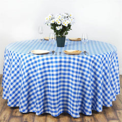 Polyester 120" Round Tablecloth White/Blue Seamless - Checkered Buffalo Plaid Table Cover