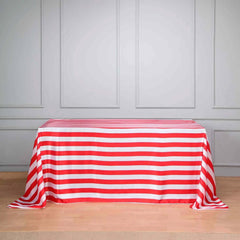 Satin 90"x156" Rectangle Tablecloth Red/White - Stripe Design with Seamless Finish Table Cover