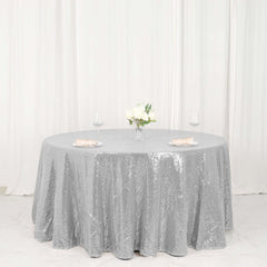 Sequin 120" Round Tablecloth Silver - Seamless Glittering Table Cover