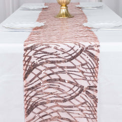Sequin Mesh 12"x108" Table Runner Blush Stylish Wave Embroidery