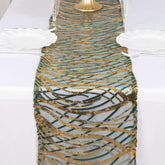 Sequin Mesh 12"x108" Table Runner Hunter Emerald Green/Gold Stylish Wave Embroidery