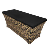 Sequin Stretch Spandex 72"x30" Rectangle Tablecloth Black/Gold Wave Embroidered Design Four-Way Stretch Shimmering Table Cover for Luxe Event Decor