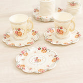 Set of 25 Paper Cups and Saucers in Ivory with Rose Floral Print for Birthdays & Floral Themed Events