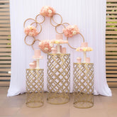 Set of 3 Gold Metal Cylinder Pillar Cake Display Stands, Round Mesh Plinth Pedestal Stand in Hollow Overlapping Circles Pattern - 22",24",30"