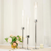 Set of 3 Tall Silver Metal Taper Candlestick Holders, Clear Glass Hurricane Candle Stands With Chimney Candle Shades 16", 20", 24"