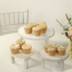 Set of 3 Wooden Pedestal Cake Stands Whitewash with Removable Legs - Stackable Round Rustic Plant Risers 7", 9.5", 12"