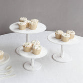 Set of 3 Wooden Pedestal Cake Stands Whitewash with Round Beaded Rim Trays - Stackable Rustic Cupcake Display 8", 10", 12"