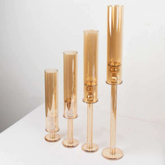 Set of 4 Crystal Glass Hurricane Taper Candle Holders, Decorative Tall Candle Stands Amber Gold Cylinder Chimney Tubes 14", 18", 22", 26"