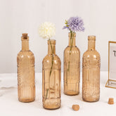 Set of 4 Embossed Glass Bottles Vintage Amber Gold with Corks - Large Flower Bud Vases 16oz 10" Tall