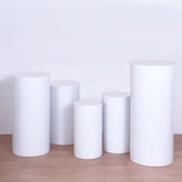 Set of 5 White Metal Cylinder Pillar Prop Stands For Wedding Aisle, Round Plinth Pedestal Display Boxes - 20",22",24",28",32"
