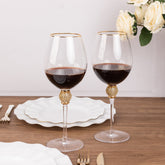 Set of 6 Wine Goblet Glasses Clear Gold Rimmed Design with Rhinestone Studded Stem - Handblown Vintage Crystal Glasses for Cocktails 16oz 10"